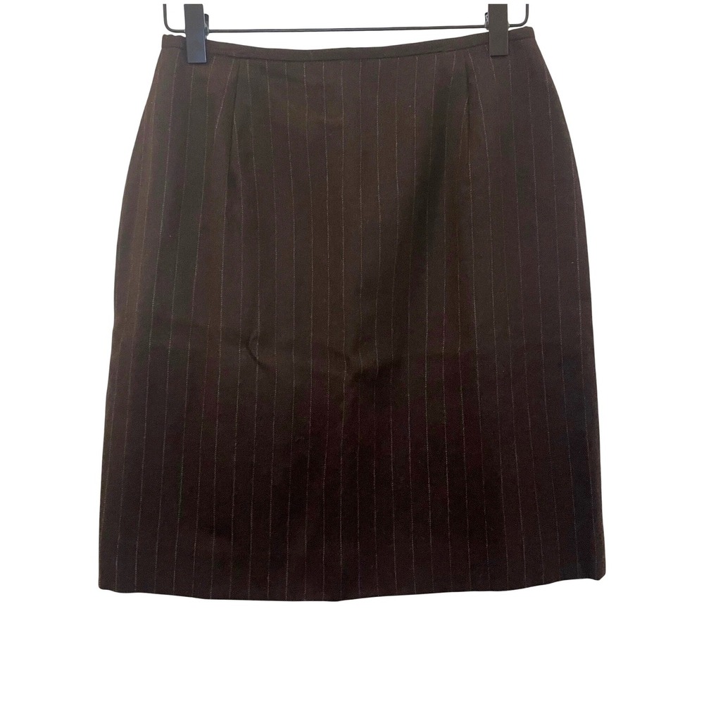 Ralph Lauren Petite Pinstripe Wool Pencil Skirt Size 8P Dark Brown Office Siren